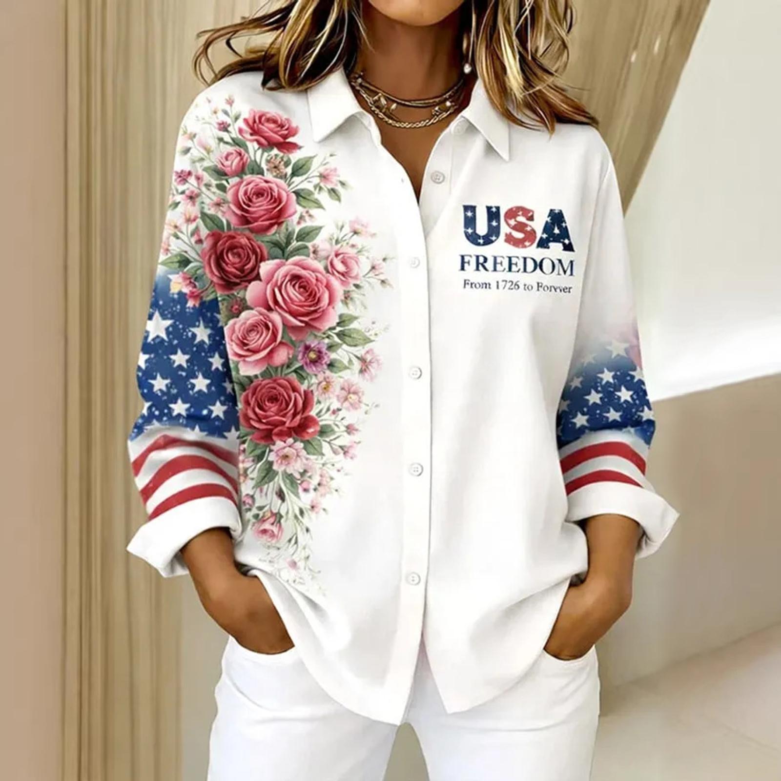 

Women s Fashion Casual Summer Floral American Five-Pointed Star USA Print Long-Sleeved Shirt XL білий