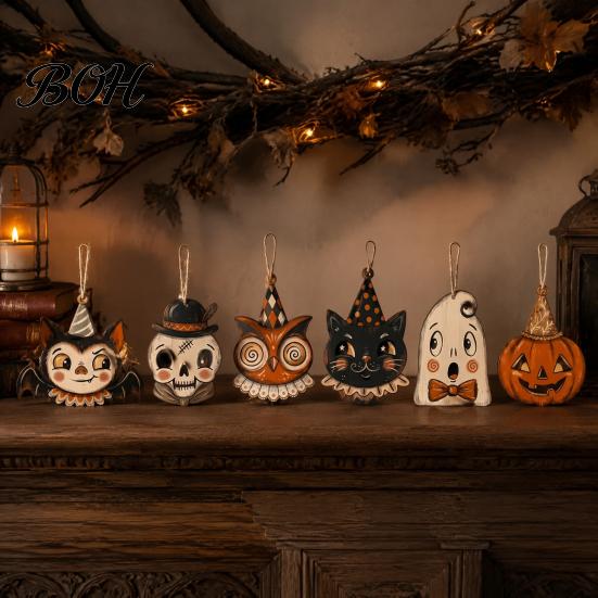 Decorative Tags for Gift Packaging 6 Pcs Vintage Halloween Wooden Ornaments, Rustic Farmhouse Cat Owl Pumpkin Lightweight Ornaments Branches