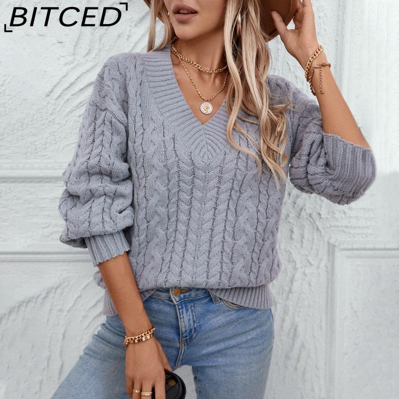 BITCED Autumn/Winter Women's Knitted Sweater Loose-fit Pullover Retro Cable-knit V-neck Long-sleeved Solid-colour Jumper