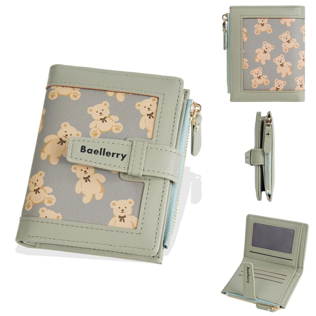 Women Short Purse Cute Fashion Printed Bear Zipper Hasp Coin Wallet Card Bag Ultra-Light Wear-Resistant Wallet Carteira