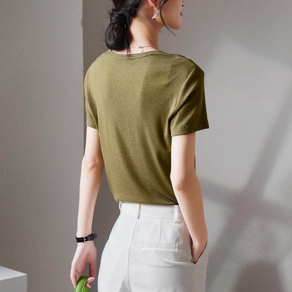 U-neck short sleeved t-shirt for women in summer 2025, fashionable and versatile, slimming solid color casual top