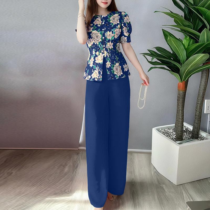 

ZANZEA Women Short Sleeve Floral Blouse and Pants Casual Two Piece Suit Sets 2XL синій
