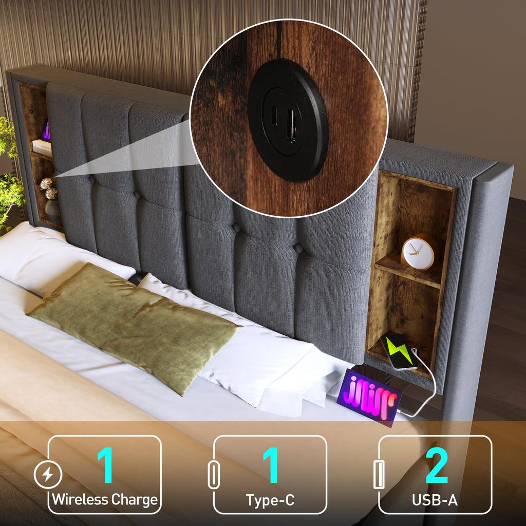 Polsterbett 160x200cm, LED-Beleuchtung, hydraulisches Funktionsbett, Stauraum, Doppelbettgestell, Lattenrost, Bettkasten, Kopfteil, Grau