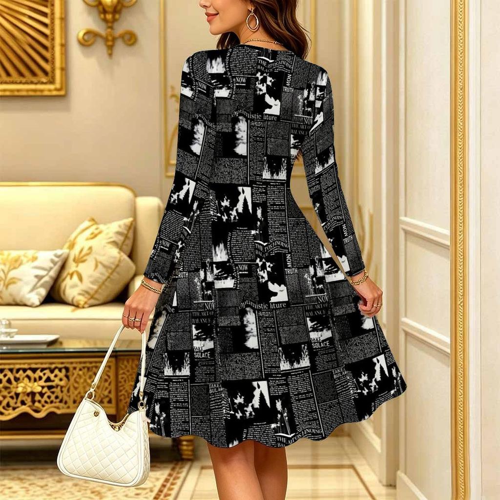 Women Long Sleeve Round Neck Midi Dress Vintage Ink Wash Plum Blossom Dot Stripe Print Flared Casual Dress