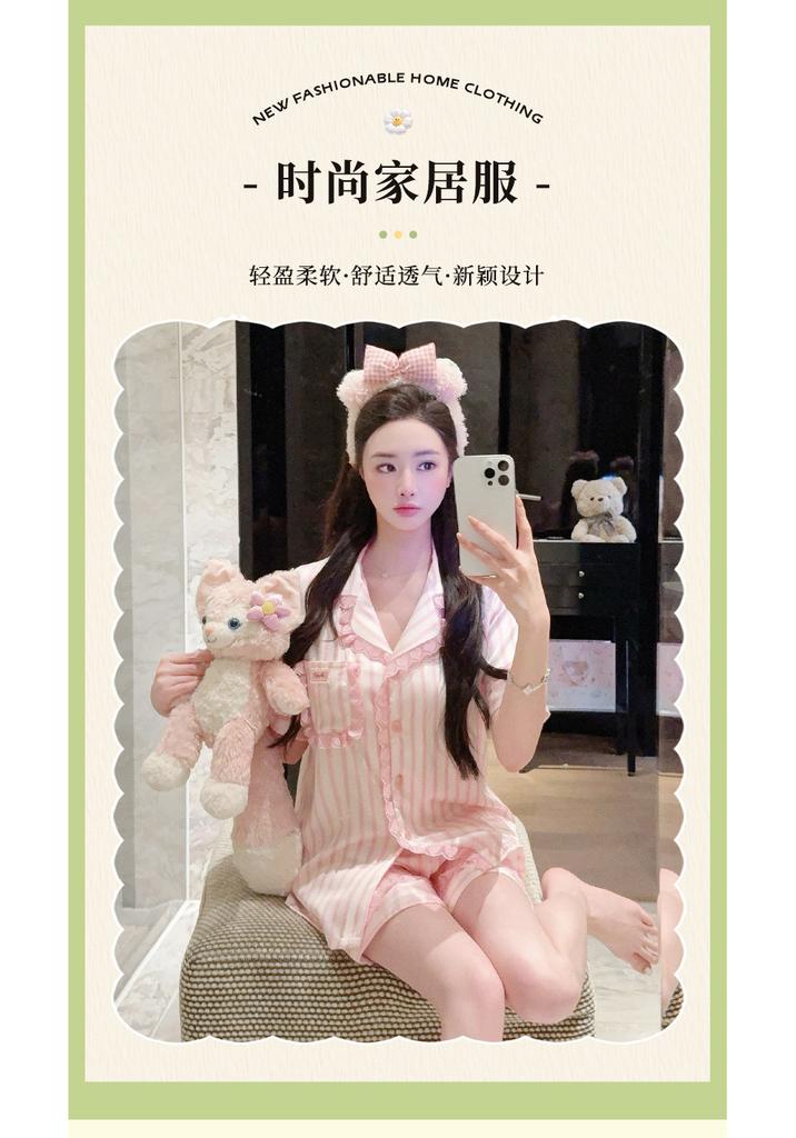 Summer new ice silk pajamas women's short-sleeved shorts sweet Korean version striped printed loungewear suit can be worn outside
