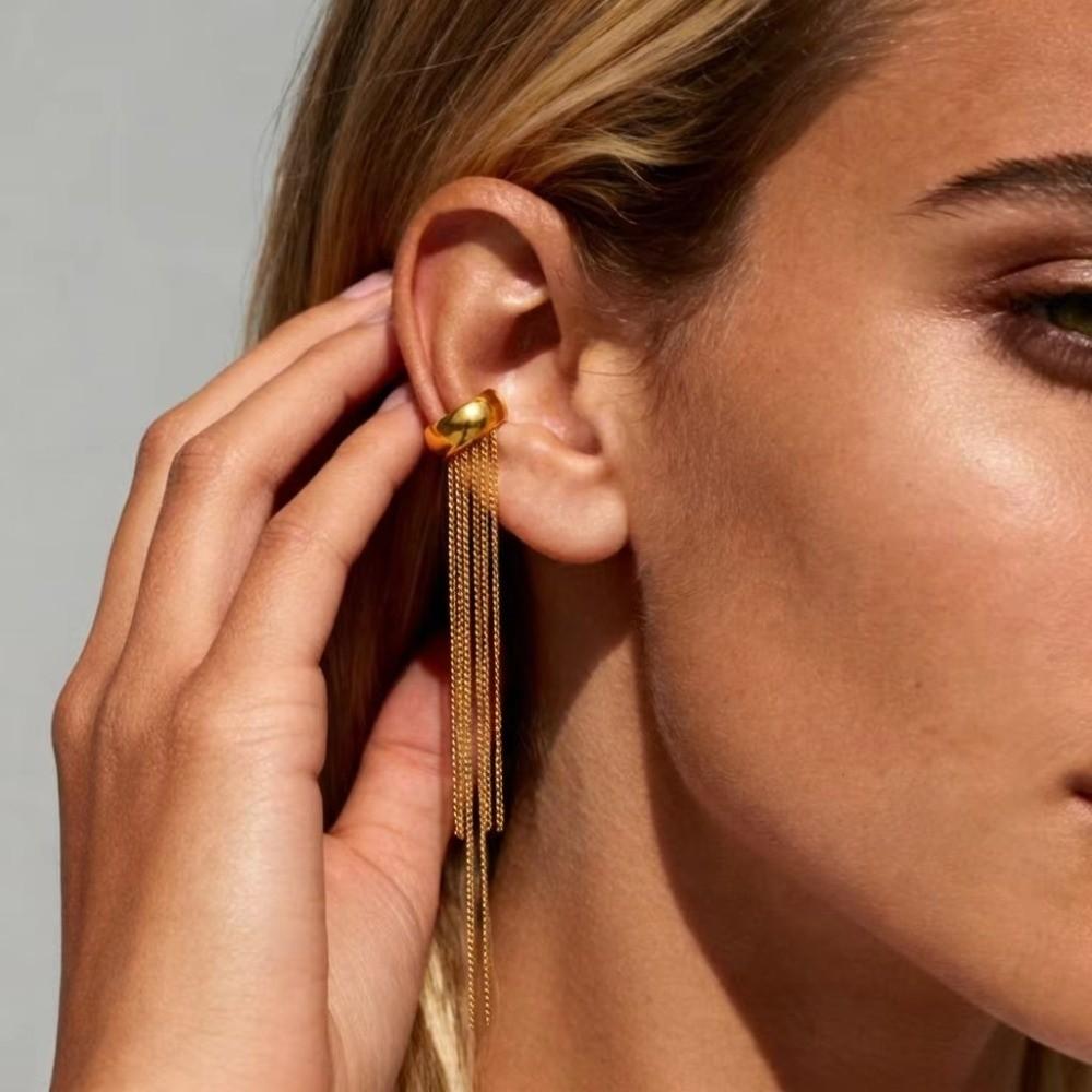 Long Chain Tassel Ear Cuff Stainless Steel No Piercing Ear Wrap Elegant Ear Clip Charms Jewelry