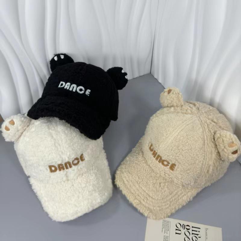 Cozy Plush Bear Ear Baseball Cap for Women - Warm, Embroidered Letter Design, Perfect for Outdoor Activities & Casual Wear