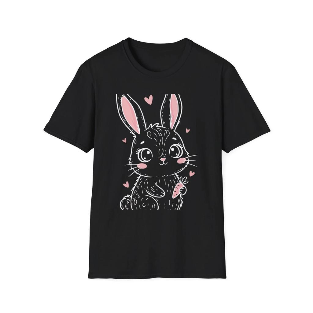 Bunny Kawaii Cute Cartoon Black Tee Pink Hearts Graphic T-Shirt