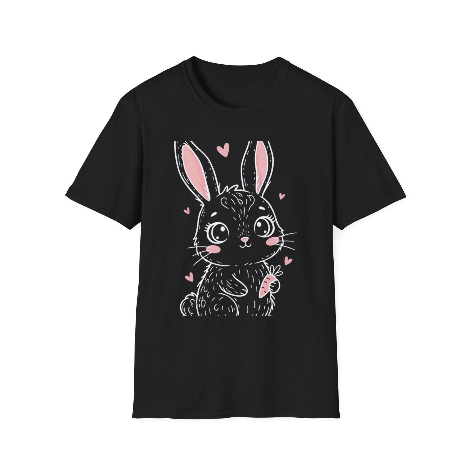 

Bunny Kawaii Cute Cartoon Black Tee Pink Hearts Graphic T-Shirt S