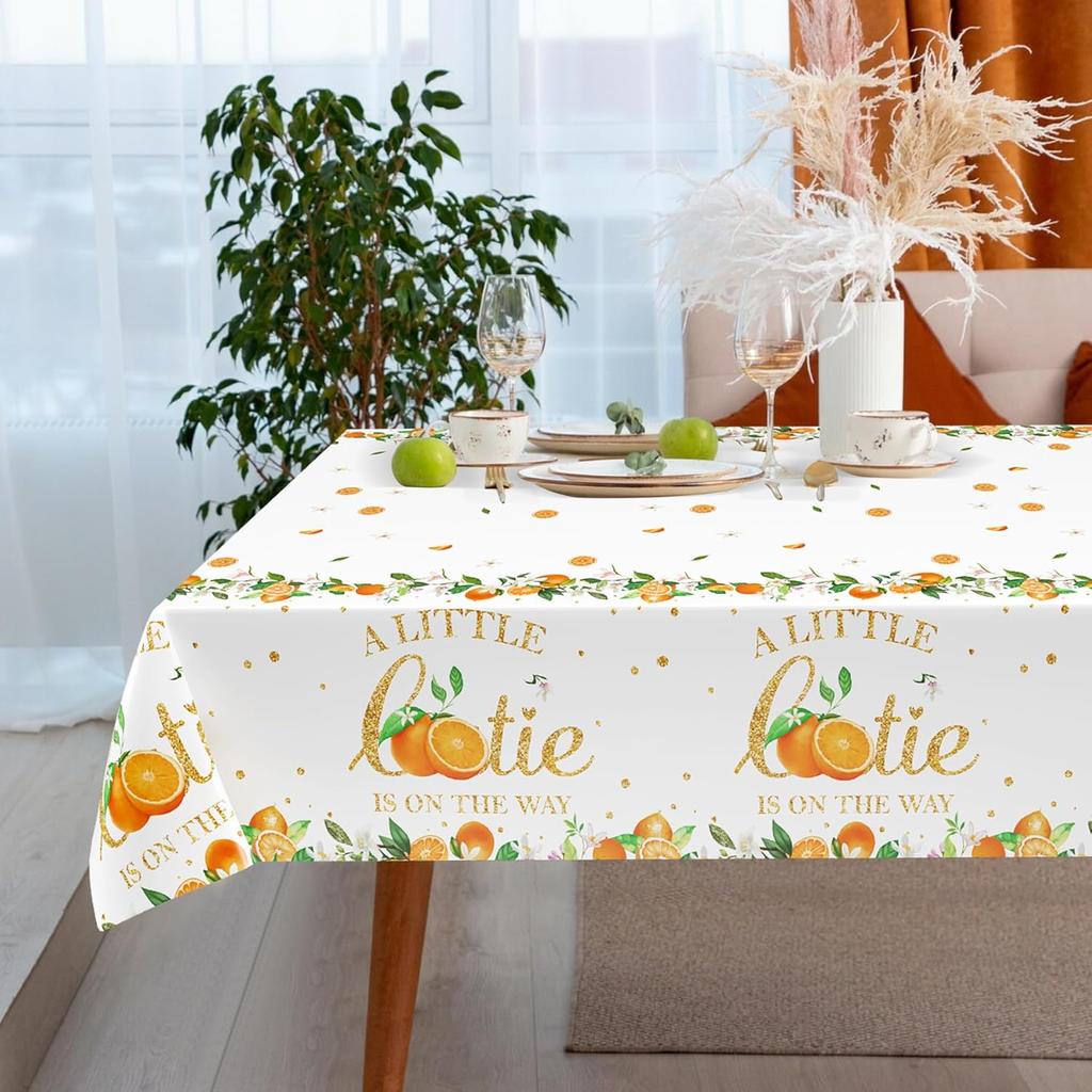 3 Pcs Little Cutie Tablecloth, 54 * 108 Inch Orange Tablecloth, Fruit Plastic Tablecover for Boys and Girls Birthday Party, A Little Cutie is on The