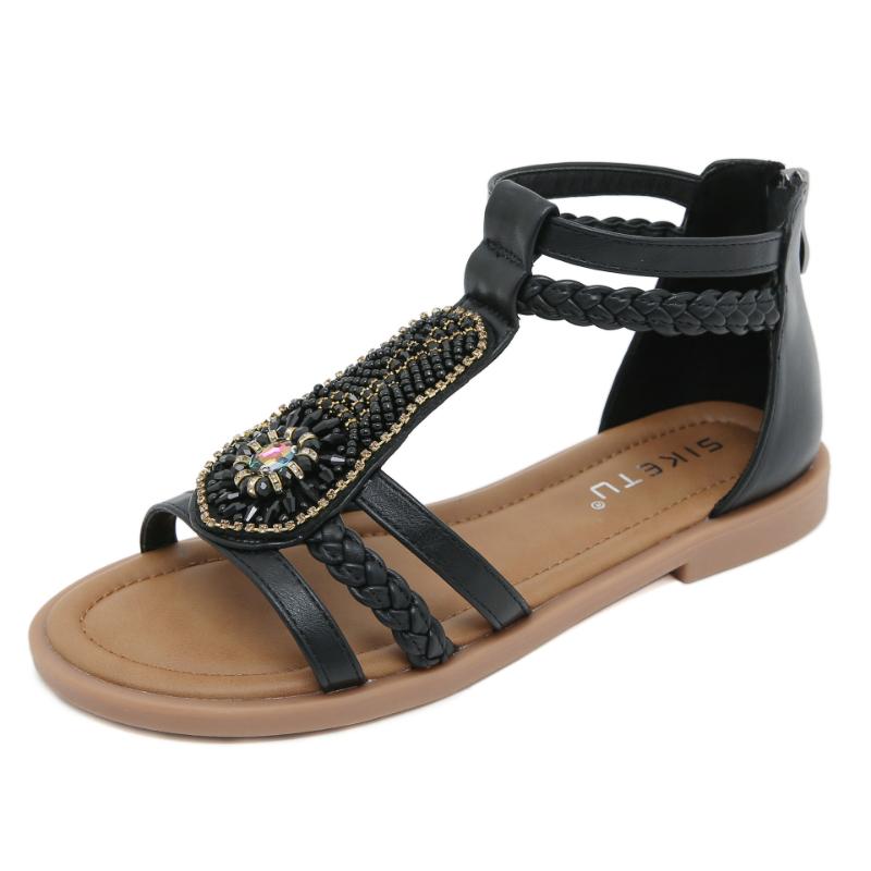 New 2025 Summer Sandals Boho Retro Beaded Zipper Rhinestones Roman Flat Sandals Comfortable Ethnic Style Fashionable Casual