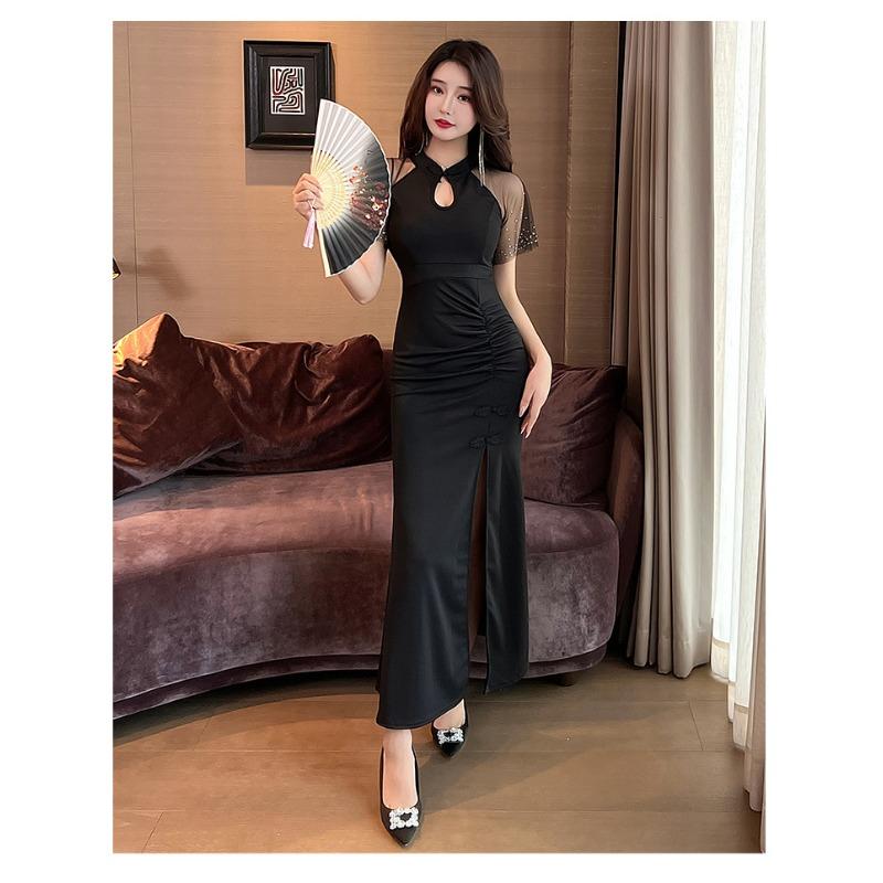 

Temperament Celebrity Women s Clothing 2 Dresses Sexy and Skinny Split Dresses Nightclub Evening Dresses Cheongsam S чёрный