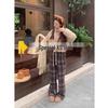 145 Women's Brown Vintage Plaid Wide-Leg Pants, High Waist, Fleece-Lined, Petite Size, Casual Autumn/Winter Style.