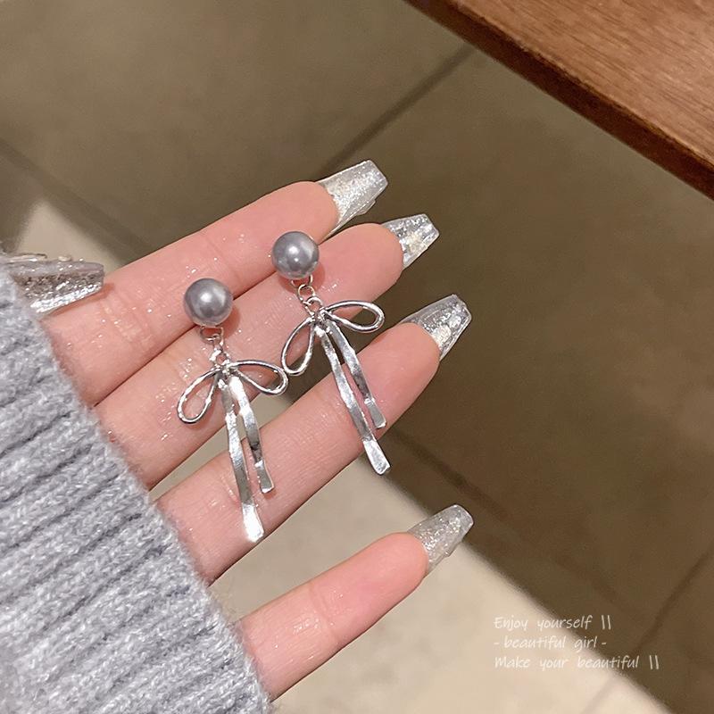 Long Fringed Zircon Earrings Light Luxury Niche Versatile Temperament Bow Stud Earrings