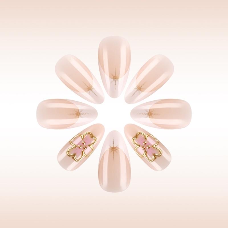 24pcs Almond Press On Nail Full Cover Stick On Nail with 3D Floral Charm Acrylic False Nail Manicure Art Decoration