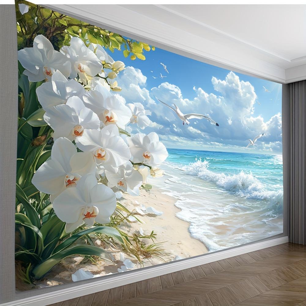 Tropical Beach Tapestry, White Orchids And Seagulls Print, Scenic Wall Art For Home Dorm Background