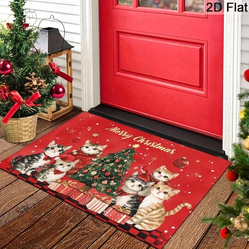VIKAMA Merry Christmas Doormat Golden Bell Red Bow Pine Branch Non Slip Floor Mat Front Porch Holiday Home Decor