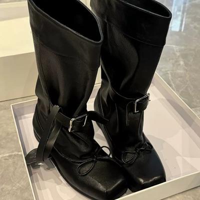 Rindslederversion~ Nischen-Schleifengürtelschnalle Stapelstiefel Stiefel neu Herbst weit Westernstiefel