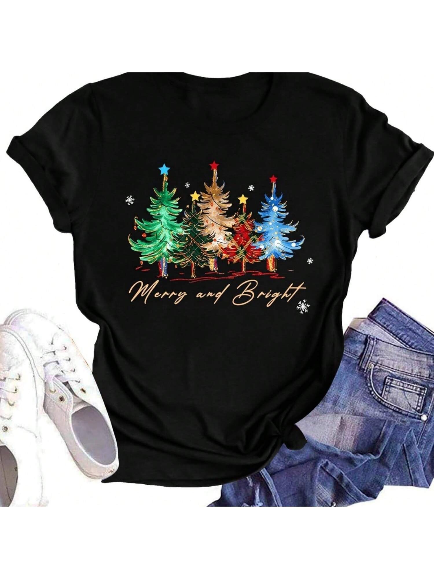Believe Christmas Shirt For  Christmas Tree Graphic T-Shirts Believe Letter Print Tees Holiday Tops S разноцветный
