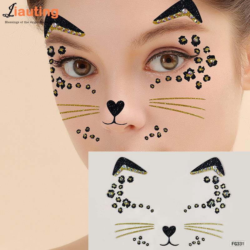 1PC 3D Face Tattoo Stickers Animal Cat Face Decor Temporary Tattoos Fake Tattoo Rhinestones For Woman Party Face Jewels Sticker