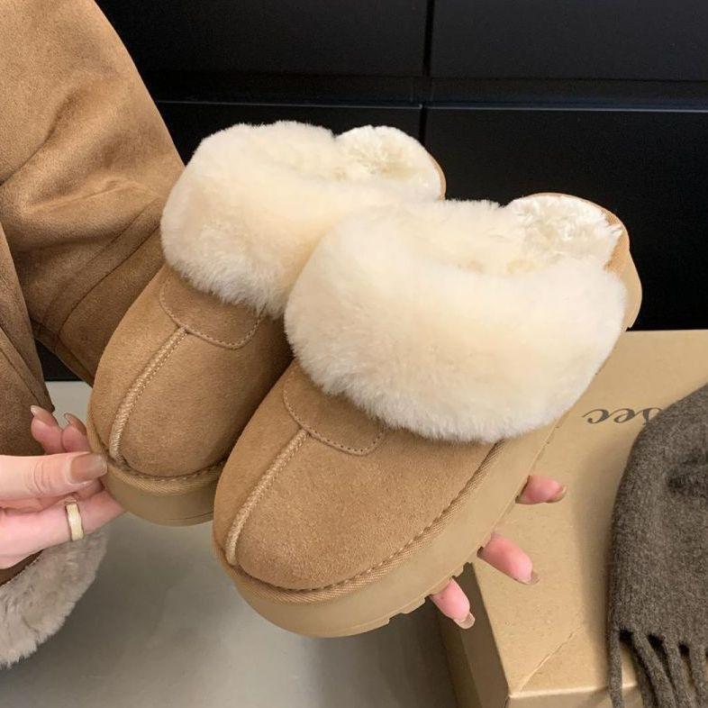 Thick-soled snow boots women's 2025 new winter heightening bag head half-drag fluffy slippers versatile Sangpo velvet cotton shoes