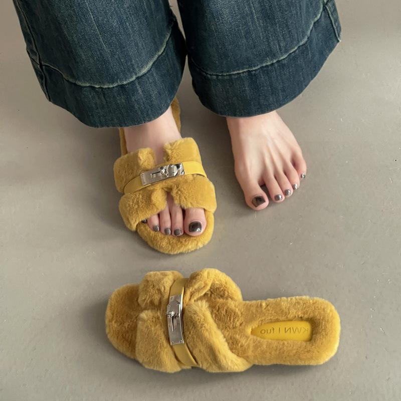 2025 Autumn and Winter Fashion Simple Belt Buckle Internet Celebrity Fluffy Slippers Women Wear Casual Thick-soled One-word Cotton Shoes