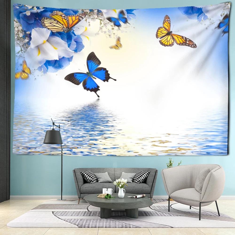 Floral Flowers And Blue Butterfly Tapestry Wall Hanging Bohemian Minimalist Art Modern Style Bedroom Living Room Home Decor
