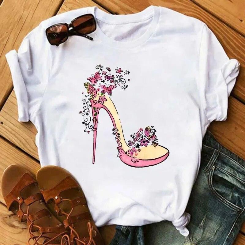 Maycaur Pinke High Heels Blumen Taschendruck T-Shirt Damen Trendy Hipster Harajuk Kawaii Kurzarm Oberteile T-Shirt Femme Kleidung Unisex