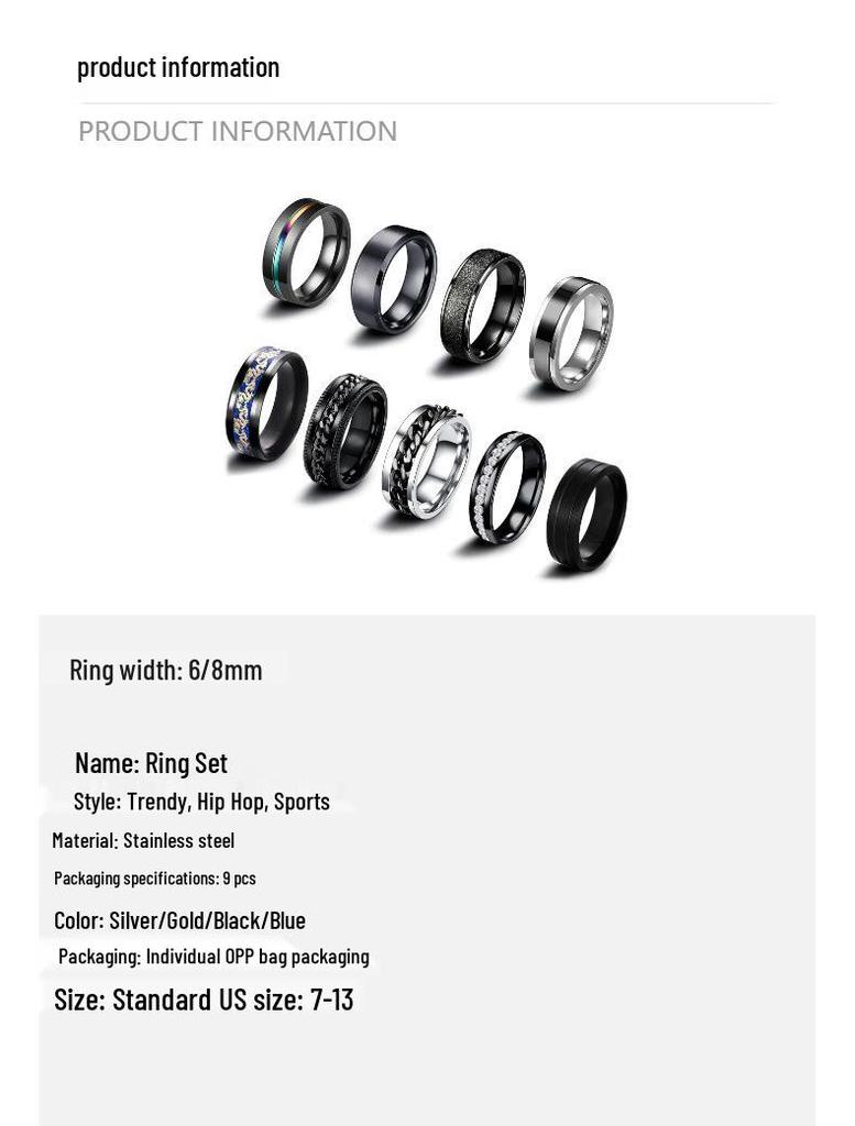 Hiyin 9-Piece Stainless Steel Rotating Decompression Ring Set