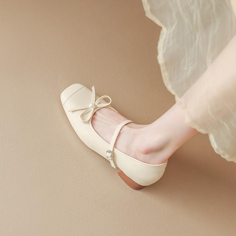 Fashion 2025 New Fashion Inside Heightened Bow Mary Jane Shoes Women's Square-Toe Shallow-Mouth Leather Summer Single Shoes