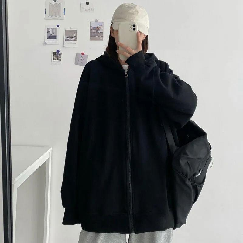 Damen-Kapuzenpullover mit Reißverschluss und Kapuze für Frühling und Herbst, koreanische Version des College-Stils, lockere, einfarbige, langärmelige Strickjacke, dünner Mantel