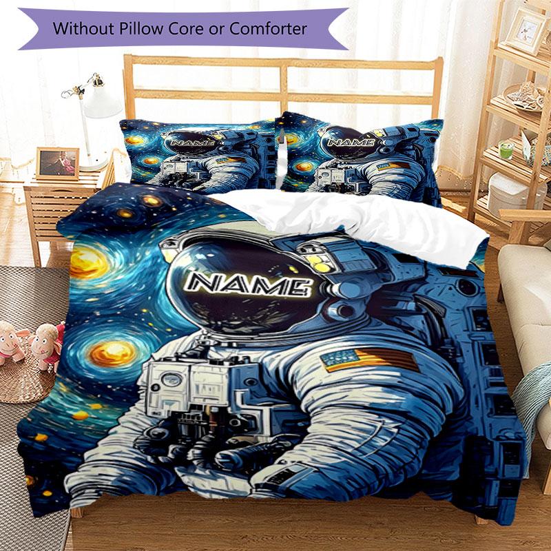 3PC Custom Name Astronaut Space Bedding Set Duvet Cover Closure Includes 1 Duvet Cover & 2 Pillowcases for Bedroom