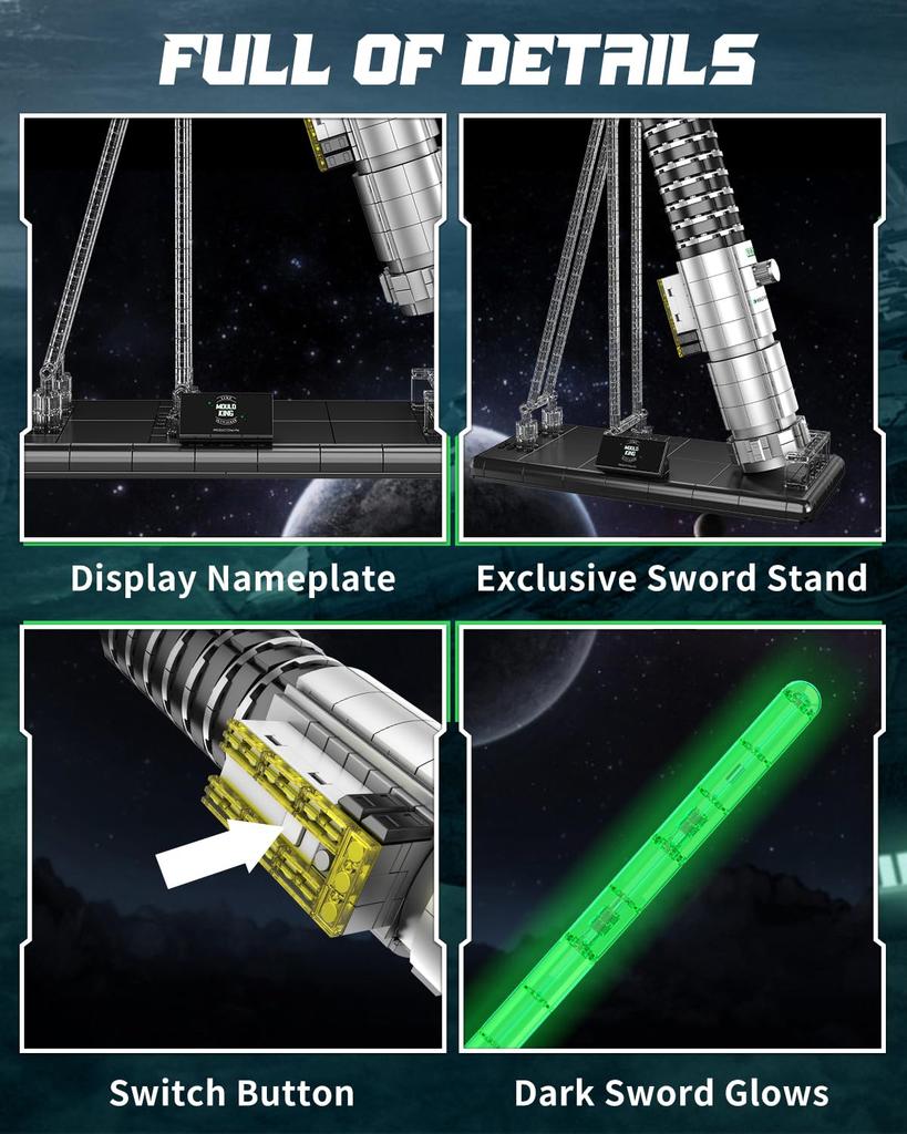 Mould King 10140 Technology MOC Lightwear Module Set - Classic Green Blade with Light Effects and Premium Stand, Creative Cosplay Anime Technology