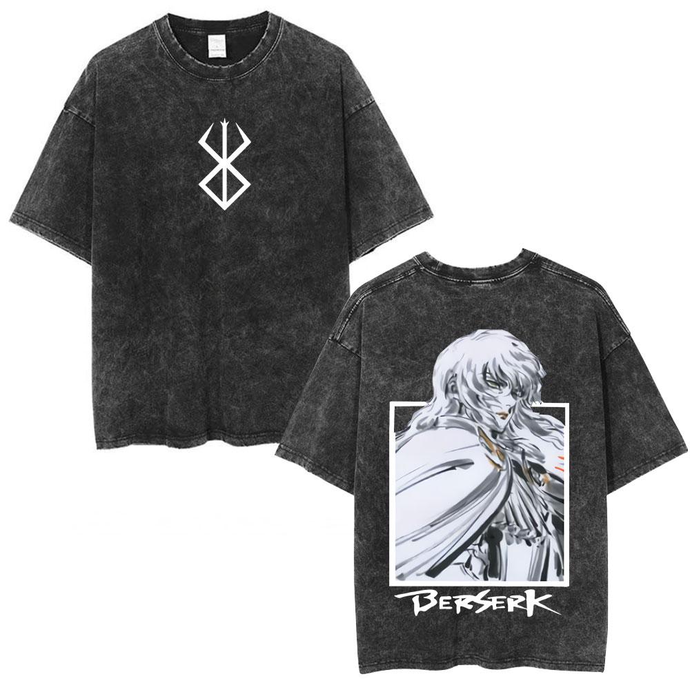 Japanese Anime Berserk Guts Vintage Washed T Shirt Griffith Swordsman Gatsu Sacrifice Zodd T-shirts Unisex Cotton Casual T-Shirt