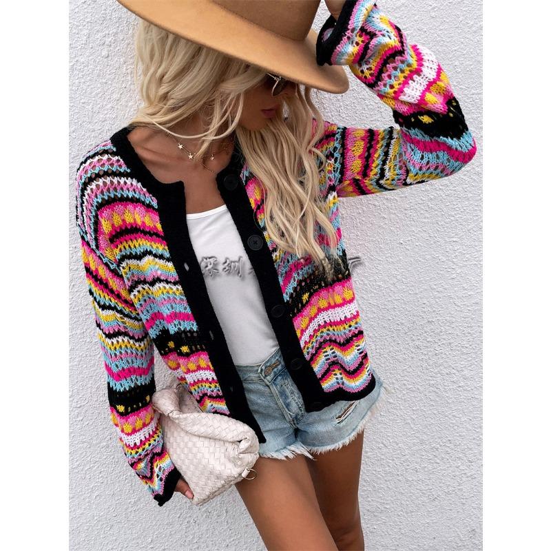 Damrandig tröja lös regnbågsstickad kofta