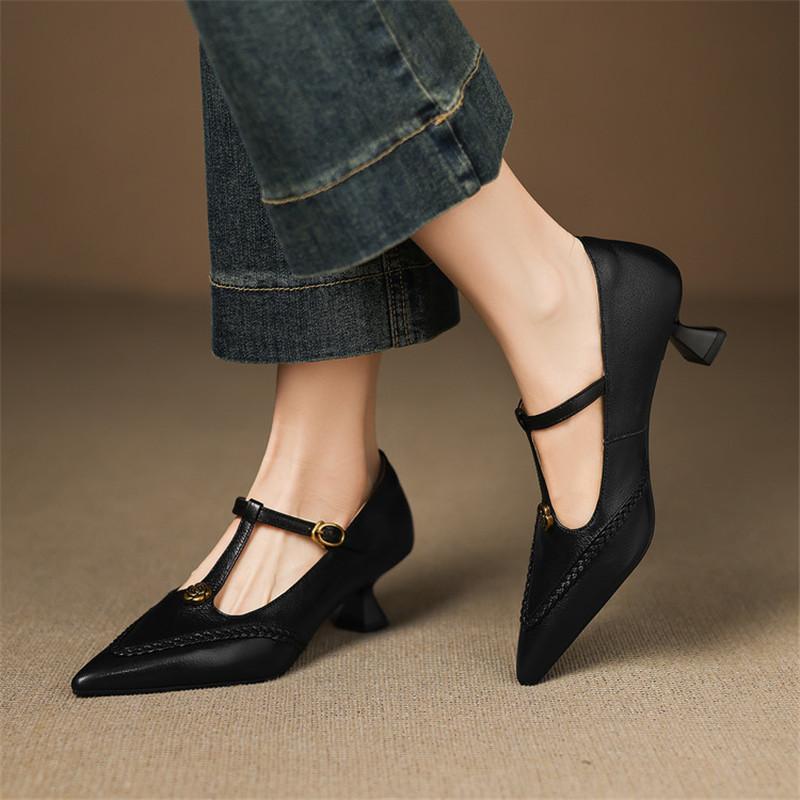 Fashion New Spring/summer Genuine Leather Women Shoes Pointed Toe Shoes for Women Fashion Retro Mary Jane Shoes High Heels Women Pumps