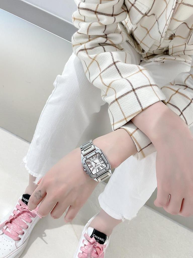 Modny zegarek Santos Square: Unisex Stalowy Pasek, Kalendarz, Wodoodporny, Kwarcowy