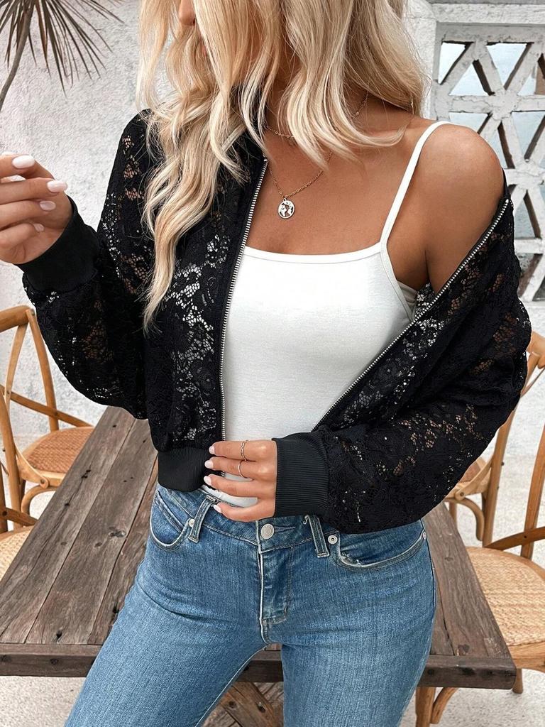 Jarní Elegantní Dámská Krajka Ohyb, Zip Krátká Bunda Vrchní Kabát
