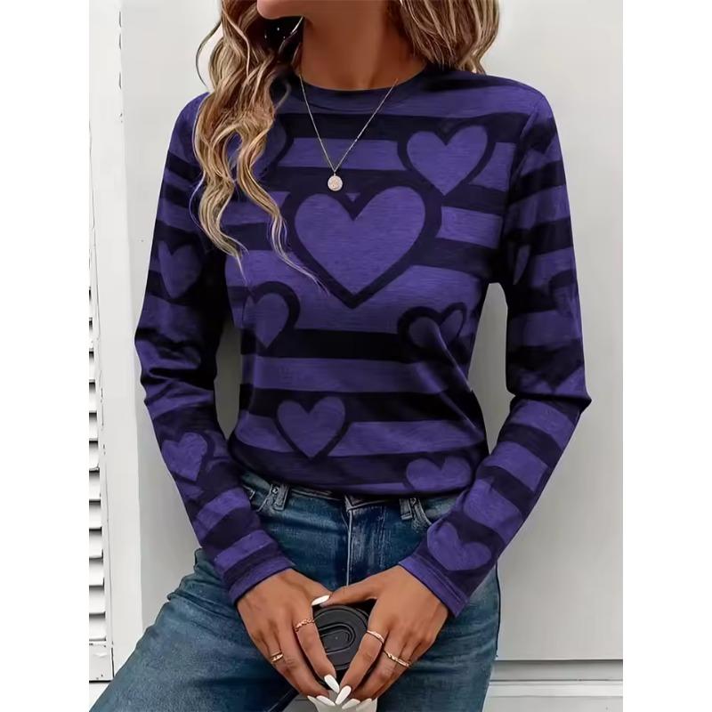 Women's Long-Sleeve T-Shirt Autumn Striped Heart Print Street Style Casual Crew Neck Pullover Loose Fit Outdoor T-Shirt