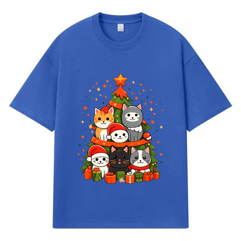 2026 Christmas Tree with Cats Printed Graphic Y2k Harajuku Streetwear 100% Cotton T Shirt Casual Oversized Summer Men T-shirt
