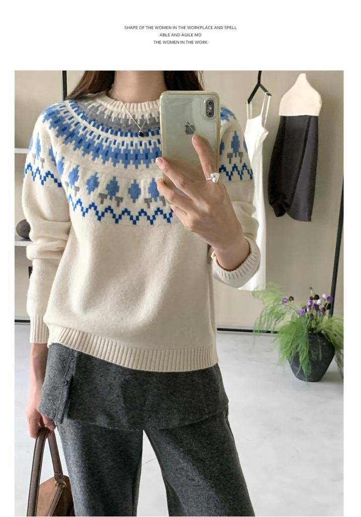 100% Wool Women's Fair Isle Jacquard Sweater - Solid Color, Round Neck, ThickenedVersatile Base Layer