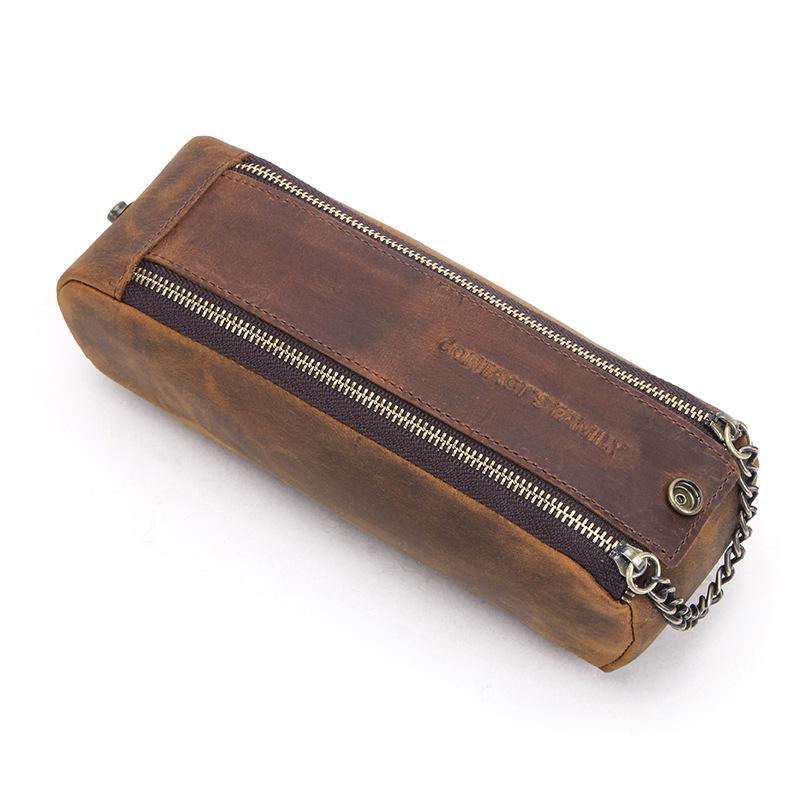 

Винтажный креативный пенал из кожи Crazy Horse ручной работы на двойной молнии, большой вместимости, для хранения карандашей для студентов темно-коричневого