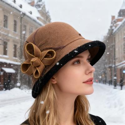 Chapeau d'hiver en laine pour femmes, couleur unie, décoration en maille avec nœud papillon, chapeau cloche, automne hiver, activités de plein air, chapeau de voyage
