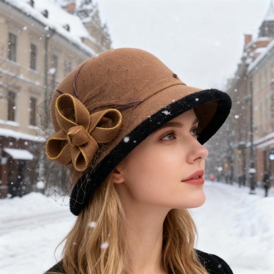 Women Winter Woolen Hat Solid Color Mesh Bowknot Decor Basin Hat Autumn Winter Outdoor Activities Travel Hat
