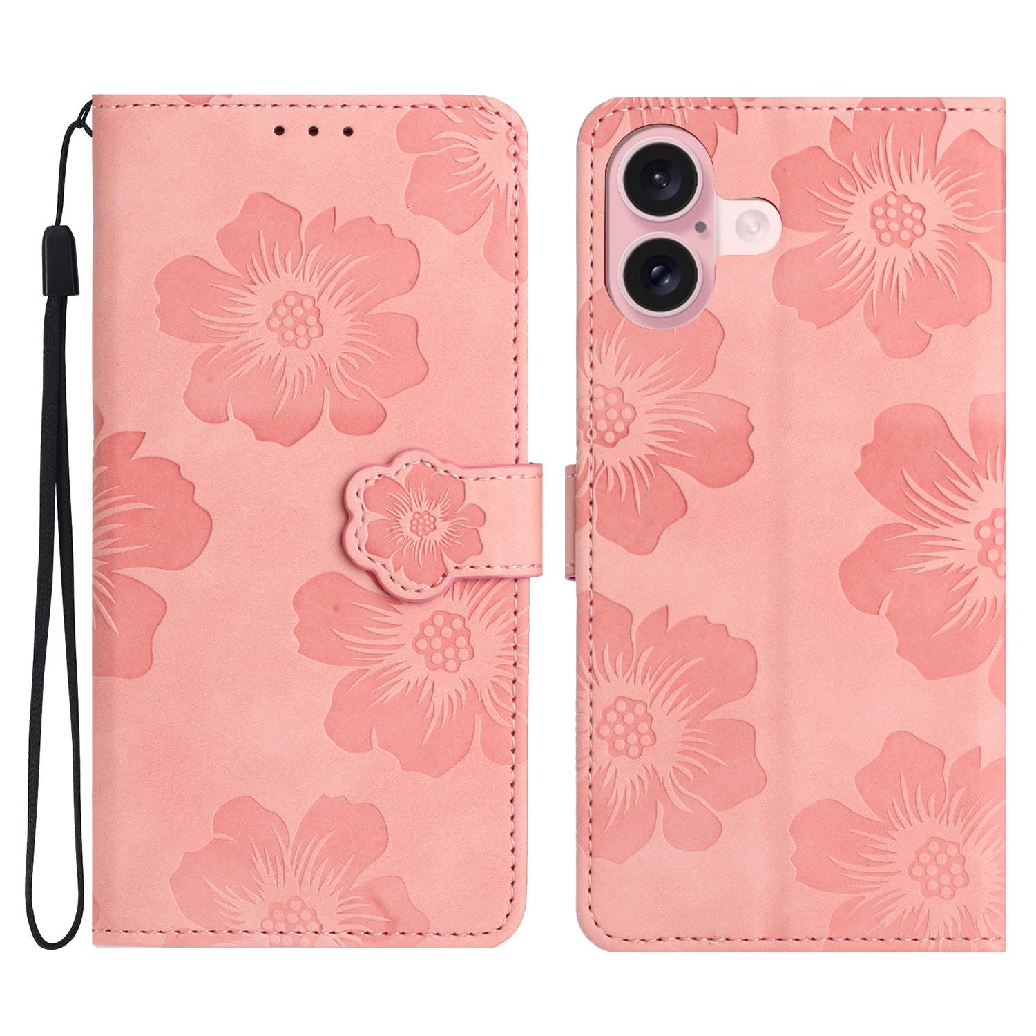 For iPhone 16 Case Leather Flip Wallet Card Slots Phone Cover Flower Imprinted C