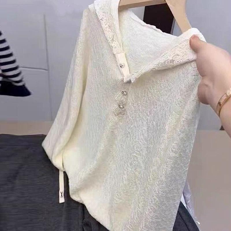 Crochet Long-sleeved Hooded Lace Knitted Sweater for Women, Spring and Summer Bottoming Shirt, Retro Knitted Pullover for Women