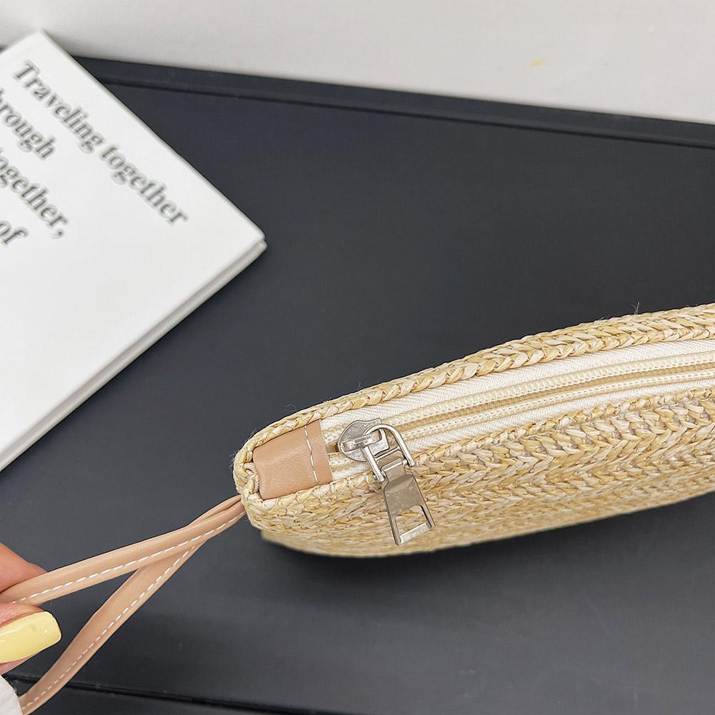 Women Bohemian Style Beach Summer Woven Clutch Wristlet Bag Solid Color Purse