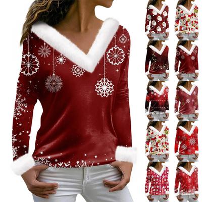 Women's T Shirt Tee Christmas Print Shirt Long Sleeve Party Fleece Collar V Neck Top