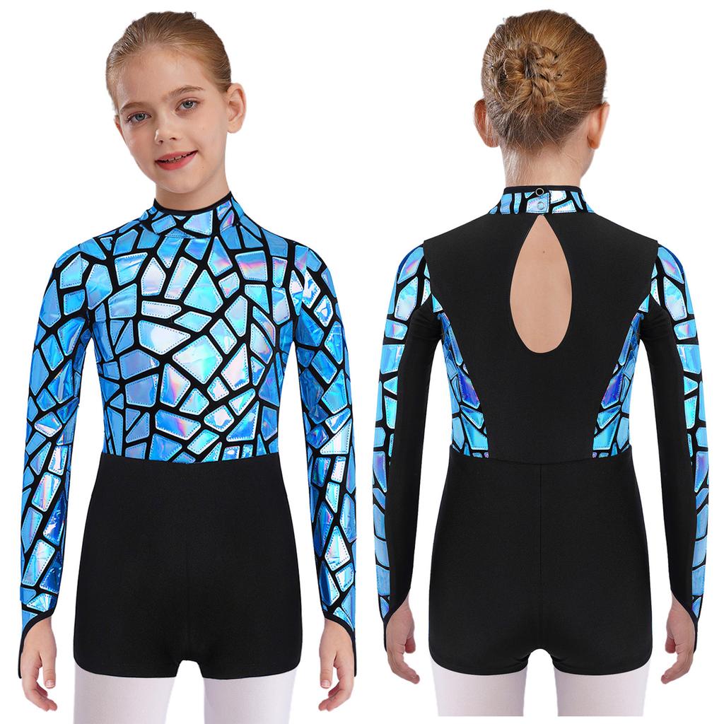 Sparkling Metallic Sequin Jumpsuit for Girls: Mock Neck Long Sleeve Keyhole Back Bodysuit for Gymnastics & Dance Shows
