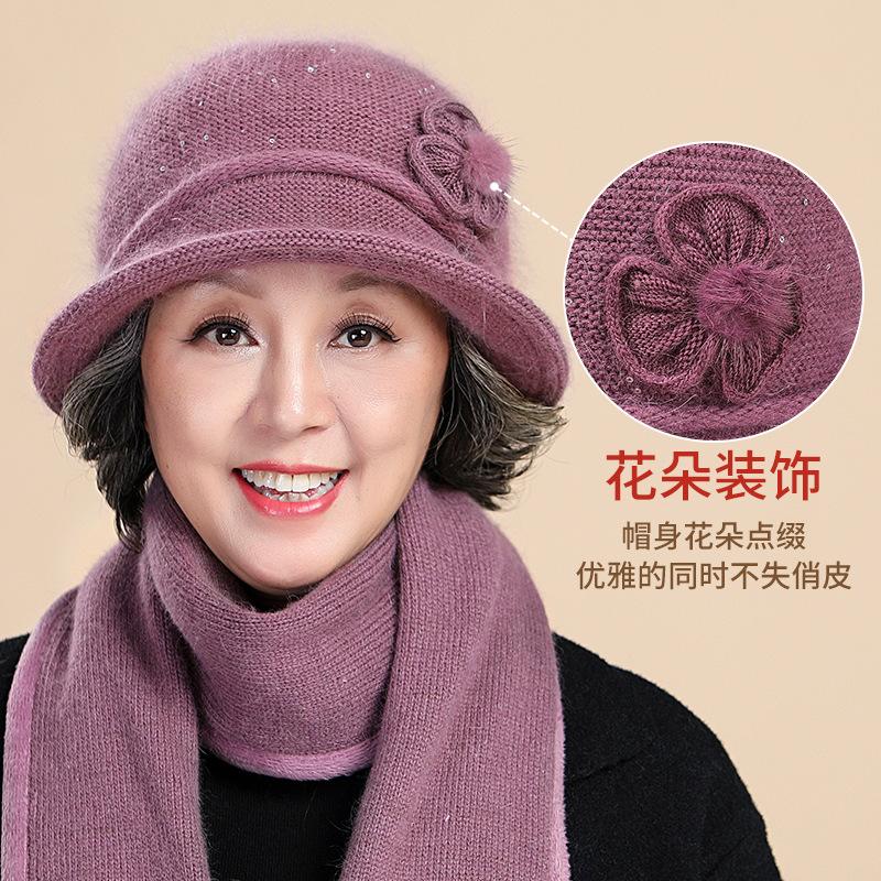Hat Female Autumn and Winter Elderly Person Scarf Warm Middle and Old Lady Winter Rabbit Wool Mother Wool Hat Fleece Basin Hat